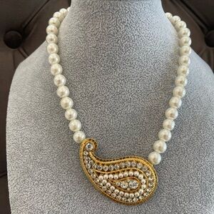 Vintage Signed Craft Pearl Necklace with Rhinestone Paisley Statement Pendent